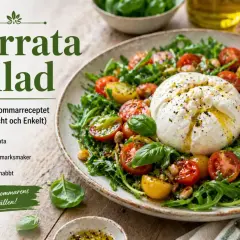 En krämig burrata sallad med körsbärstomater, ruccola och basilika. Ett perfekt sommarrecept!