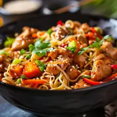 En närbild av en skål med kycklingwok med nudlar, toppad med sesamfrön och färska örter.