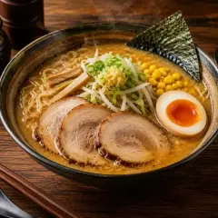 En ångande skål med ramen soppa, fylld med nudlar, fläsk, ägg, majs och grönsaker.