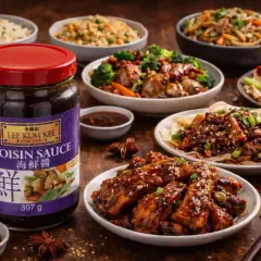 En burk Lee Kum Kee Hoisin Sauce står framför en festmåltid med asiatiska rätter. Glasnudlar, kycklingvingar och anka i pannkakor är några av de läckra rätterna.