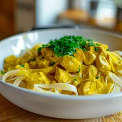 En skål med krämig kycklingcurry pasta, toppad med färsk persilja. En härlig och smakrik rätt.