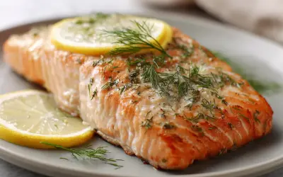En saftig lax i ugn, perfekt tillagad med citronskivor och färsk dill. Enkel och god middag.