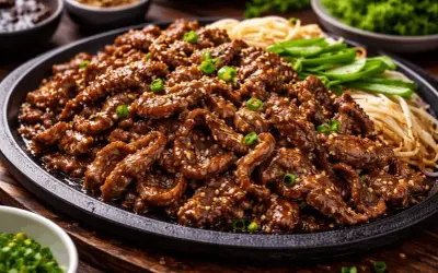 En stor portion saftigt, glaserat kött med sesamfrön och salladslök, serverat med nudlar och grönsaker. En härlig koreansk bbq-upplevelse.