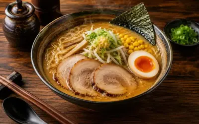 En ångande skål med ramen soppa, fylld med nudlar, fläsk, ägg, majs och grönsaker.