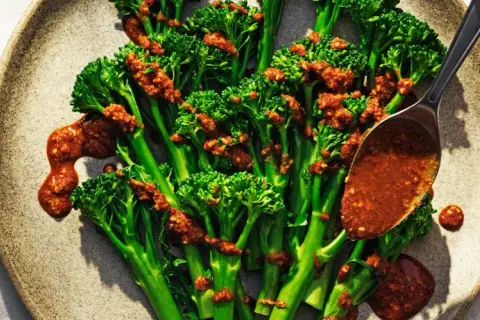 Ånga broccoli med en kryddig sås. En sked häller över mer sås på de gröna buketterna.
