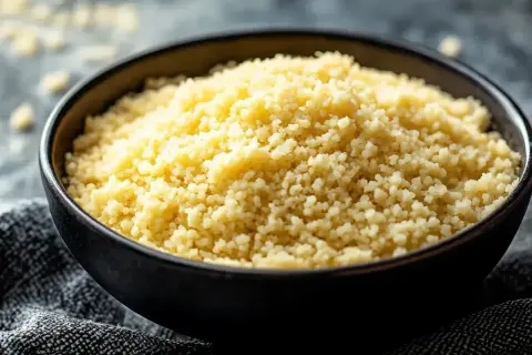 En skål med fluffig, gyllene bulgur, redo att koka zeina. Perfekt som tillbehör till din måltid.