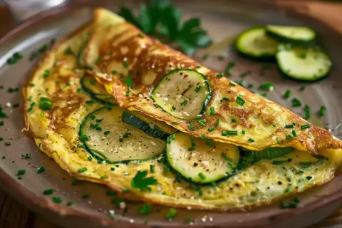 En gyllene omelett fylld med skivad zucchini, toppad med gräslök och persilja. Ett perfekt zucchini recept för en snabb och god måltid.