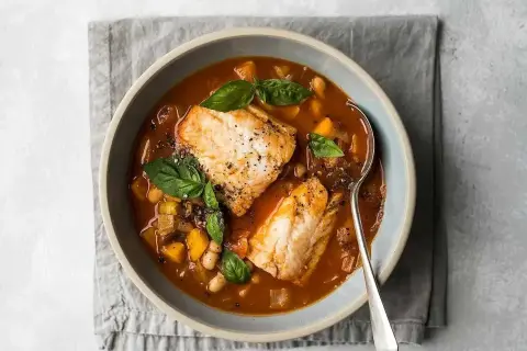 En mustig fisksoppa med kolja, bönor och grönsaker. Ett härligt kolja recept för en kall dag.