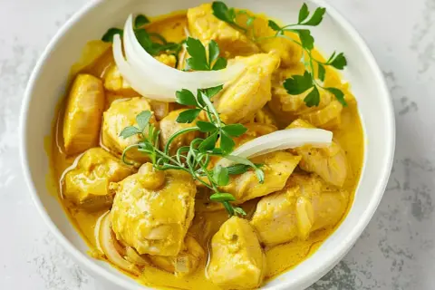En krämig kycklingcurry med kokosmjölk, lök och persilja. En härlig coconut bean curry som ser utsökt ut.