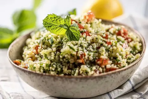 En skål med tabbouleh, en bulgursallad med tomat, persilja och mynta. Perfekt att koka bulgur i riskokare för.