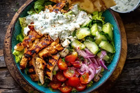 En härlig grekisk bowl med grillad kyckling, krispig sallad, tomater, gurka, rödlök, fetaost och en krämig sås.