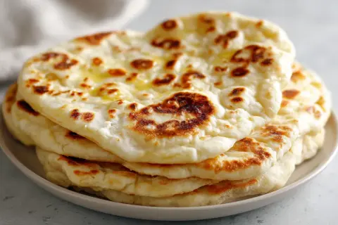 En stapel fluffigt, gyllene naanbröd, perfekt för ditt nästa naan recept. Smält smör glänser på toppen.