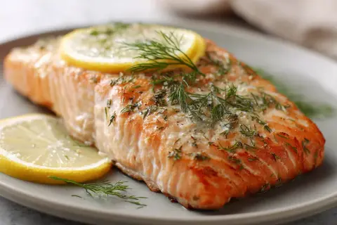En saftig lax i ugn, perfekt tillagad med citronskivor och färsk dill. Enkel och god middag.