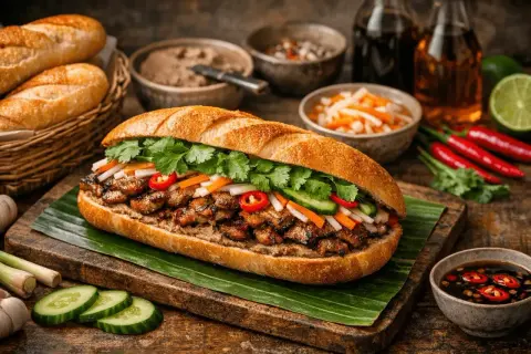 En saftig banh mi med grillat kött, färska grönsaker och koriander, serverad på en bananlöv.