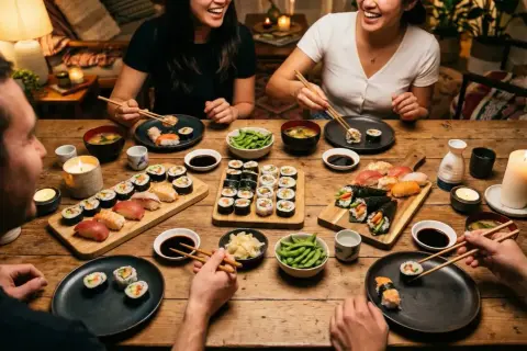 Vänner njuter av en mysig middag med många olika sushi ingredienser, miso och edamame.