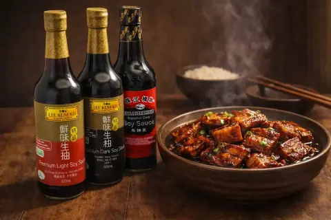 Tre flaskor Lee Kum Kee, inklusive Premium Light Soy Sauce och Superior Dark Soy Sauce, bredvid en skål med ångande, glaserat kött. Denna soya ger en djup smak.