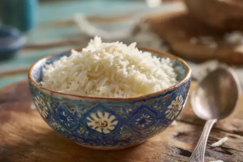 En skål med fluffigt, nykokt ris. Perfekt för att koka ris till en god måltid.