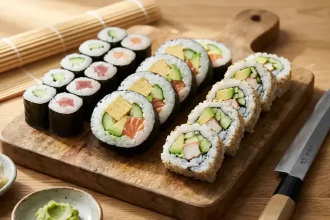 En vacker uppsättning av olika typer av sushi, med lax, tonfisk, gurka och avokado, serverad på en träskärbräda med ingefära och wasabi.