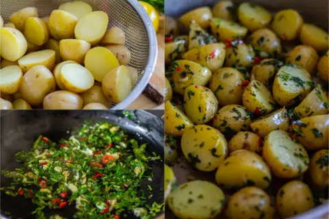Små, delade potatisar blandas med en kryddig örtblandning. En härlig batata harra som väntar på att serveras.