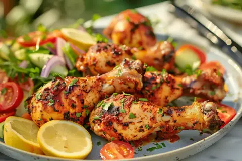Grillade kycklingklubbor med en fräsch sallad och citronklyftor. Ett perfekt kycklingklubbor recept för sommaren!