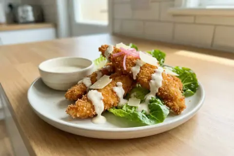 Krispiga panko kycklingstrimlor serveras på en bädd av sallad med parmesan och en krämig dressing. En liten skål med dressing står bredvid.