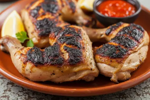 Grillad kyckling med krispig skinn, serverad med citronklyftor och en skål med het piri piri-sås. Perfekt för ett smakrikt piri piri recept!