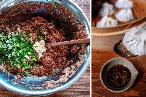 Färs med vårlök och vitlök för dumplings. En ångad dumpling på en sked över en skål med dumpling sås.