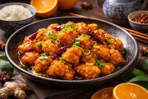 Krispiga kycklingbitar i en glansig apelsinsås, garnerade med chili och salladslök. Ett läckert orange chicken recept.