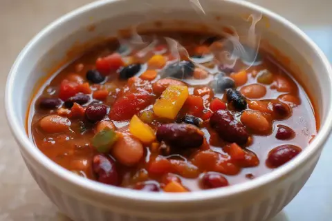 Varm, ångande chili sin carne i en vit skål, fylld med bönor, tomater och paprika. En härlig vegetarisk rätt.