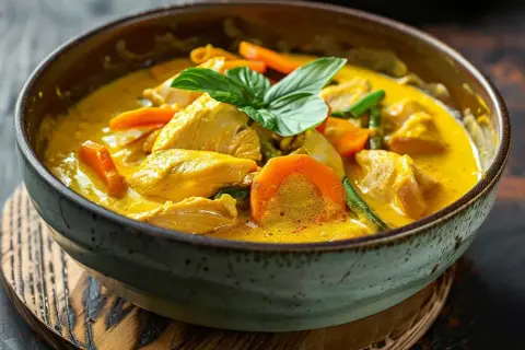 En skål med krämig gul curry med kyckling, morötter och gröna bönor, toppad med färsk basilika. En härlig rätt som doftar av exotiska kryddor.