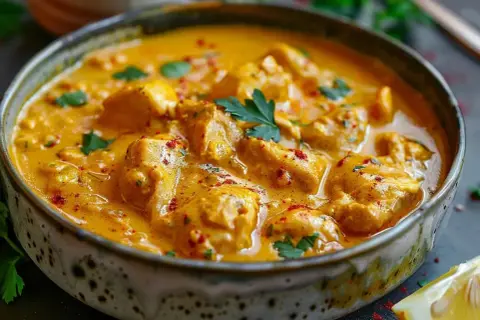En krämig kycklingcurry i en skål, perfekt för ett snabbt currypasta recept. Garnerad med färsk persilja och en citronklyfta.