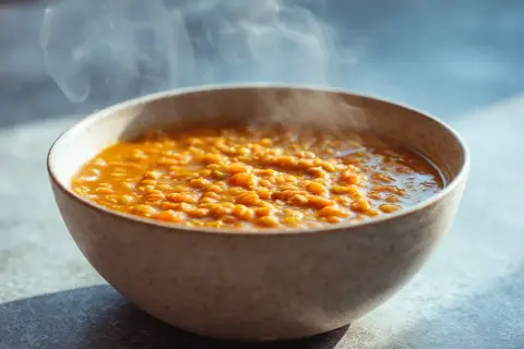 Varm, ångande linsgryta i en skål, perfekt för ett enkelt daal recept.
