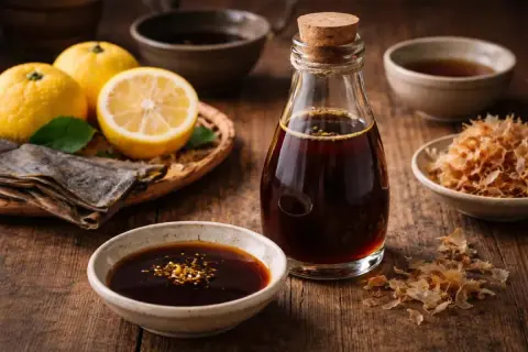 En flaska med mörk ponzu sås står bredvid en skål med samma sås, omgiven av citroner, torkad kelp och bonito-flingor.