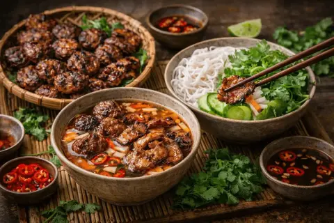 En skål med bun cha, grillat fläskkött i buljong, risnudlar, färska örter och chili.