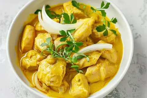 En krämig kycklinggryta med gul curry, lök och persilja. Ett enkelt gul curry recept att prova.
