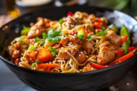 En närbild av en skål med kycklingwok med nudlar, toppad med sesamfrön och färska örter.
