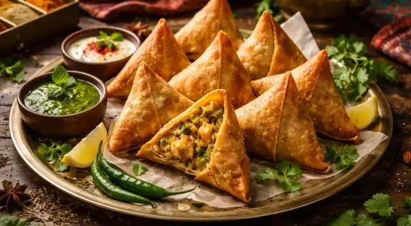 En bricka med gyllene, fyllda samosas. Serveras med grön chutney, yoghurt och citronklyftor. Perfekt för ett samosa recept.