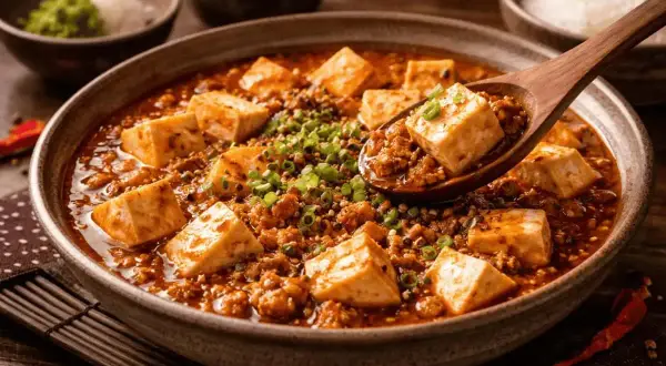 En skål med mustig asiatisk sås med tofu och köttfärs, toppad med salladslök. En träsked lyfter upp en bit tofu.