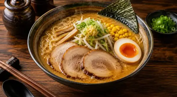 En skål med ångande ramen, fylld med nudlar, fläsk, ägg och majs i en rik ramen buljong.