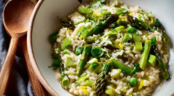 Krämig risotto med sparris och gröna ärtor, perfekt för ett lätt lunchrecept.