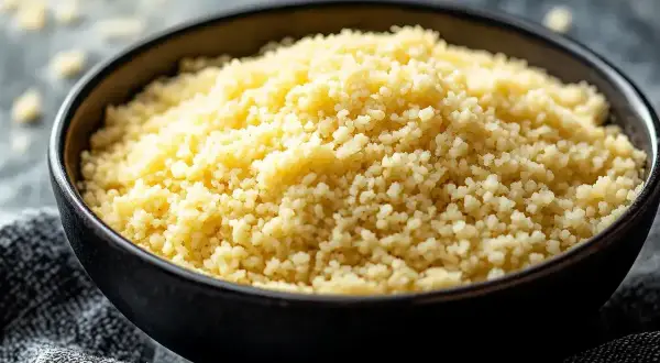 En skål med fluffig, gyllene bulgur, redo att koka zeina. Perfekt som tillbehör till din måltid.