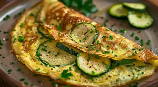En gyllene omelett fylld med skivad zucchini, toppad med gräslök och persilja. Ett perfekt zucchini recept för en snabb och god måltid.