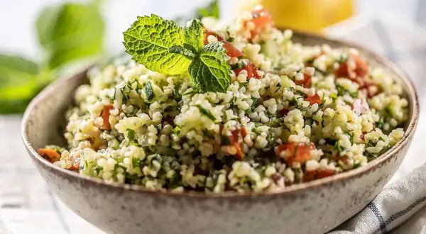 En skål med tabbouleh, en bulgursallad med tomat, persilja och mynta. Perfekt att koka bulgur i riskokare för.
