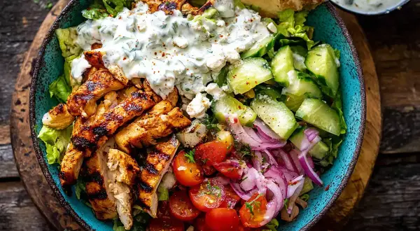 En härlig grekisk bowl med grillad kyckling, krispig sallad, tomater, gurka, rödlök, fetaost och en krämig sås.