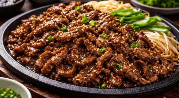 En stor portion saftig, marinerad biff med sesamfrön och salladslök, perfekt för ett bulgogi recept. Serveras med nudlar och grönsaker.