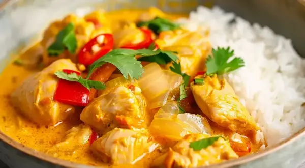 Enkel kyckling curry med ris, röd chili och koriander. Ett perfekt kyckling recept enkelt för en snabb middag.