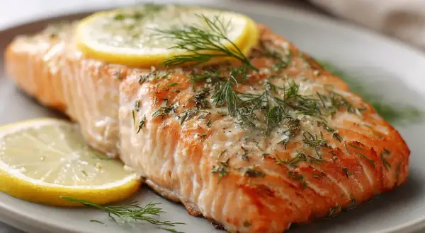 En saftig lax i ugn, perfekt tillagad med citronskivor och färsk dill. Enkel och god middag.