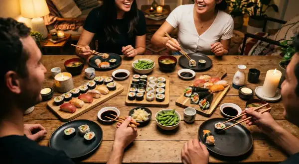 Vänner njuter av en mysig middag med många olika sushi ingredienser, miso och edamame.