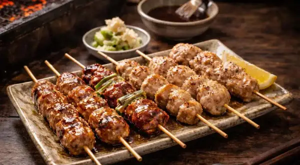 Grillade yakitorispett med en härlig yakitori sås, perfekt för en mysig middag.