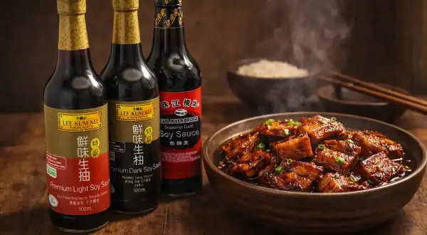 Tre flaskor Lee Kum Kee, inklusive Premium Light Soy Sauce och Superior Dark Soy Sauce, bredvid en skål med ångande, glaserat kött. Denna soya ger en djup smak.